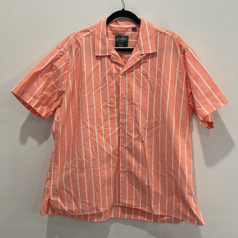 Gitman Bros. Vintage Made in USA Orange Stripe Button Up Shirt XL Short Sleeve